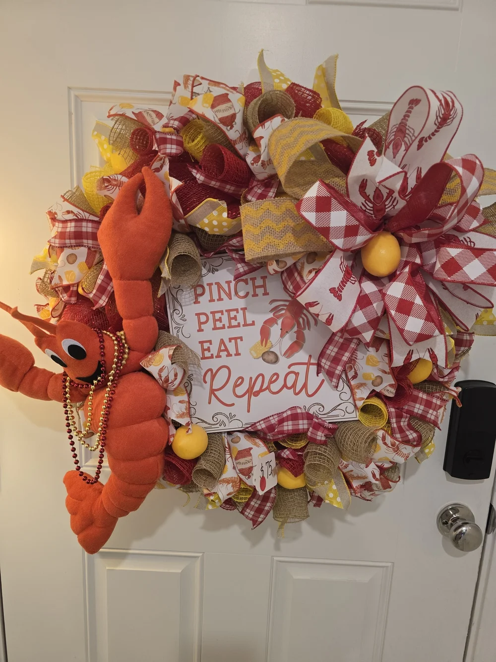 Handmade Yellow & Red Holiday Wreath with Plush Crawfish Boil Pinch Peel Eat